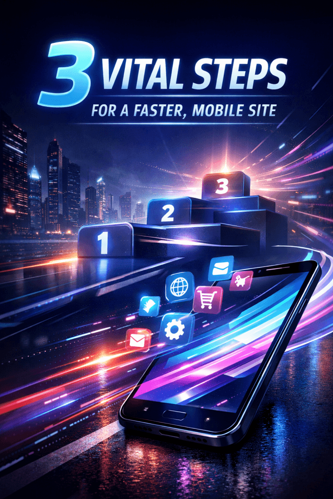 A high-energy, futuristic digital scene featuring a smartphone in the foreground with glowing app icons. In the background, three numbered podiums (1, 2, and 3) sit under the heading "3 VITAL STEPS FOR A FASTER, MOBILE SITE" amidst vibrant light trails and a night city skyline.