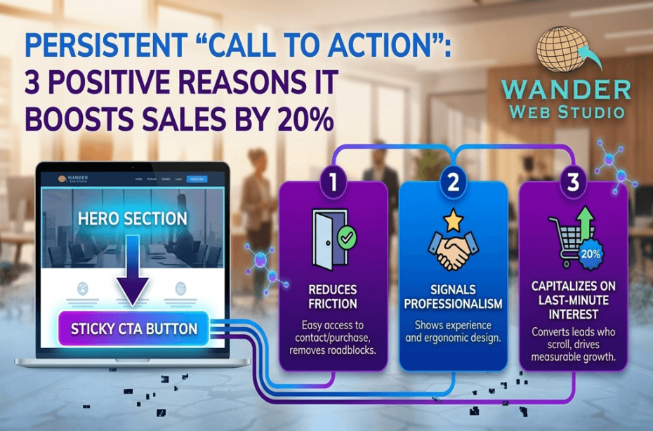 Infographic titled 'Persistent "Call to Action": 3 Positive Reasons It Boosts Sales by 20%' featuring a laptop with a 'Sticky CTA Button' below the hero section and three detailed benefit panels, with a Wander Web Studio logo.