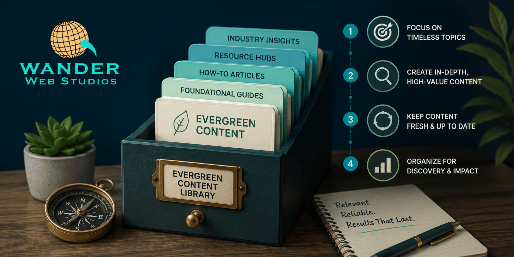 Evergreen Content Strategy: A professional digital graphic for Wander Web Studios featuring a dark teal library card box on a wooden desk. The box is filled with tabs labeled "Industry Insights," "Resource Hubs," "How-to Articles," and "Foundational Guides." A gold compass, a small succulent, and a notebook with the text "Relevant. Reliable. Results That Last." are also on the desk.