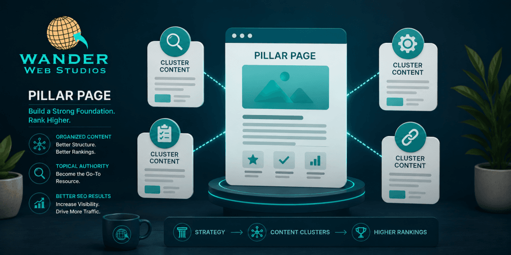 Mastering the Pillar Page. A professional digital graphic for Wander Web Studios illustrating a "Pillar Page" at the center, connected to four surrounding "Cluster Content" cards. Icons on the left highlight Organized Content, Topical Authority, and Better SEO Results.