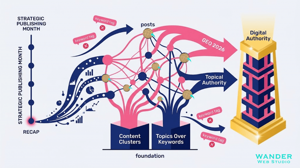Topics over Keywords. A professional digital illustration for the Wander Web Studio blog in a clean pink and navy blue palette, with no logo and no gardening imagery. In the center, a deeply connected multi-level cluster network diagram is visualized. Multiple flowing data streams and interconnected nodes, all in pink and navy blue, represent individual posts and concepts. A small, elegant vertical navy blue timeline with five distinct nodes stands on the left, labeled 'STRATEGIC PUBLISHING MONTH'. Large conceptual arrows, in pink and navy blue, labeled 'GEO 2026' and 'Topical Authority', flow from the connected nodes toward a gleaming, well-founded, golden 'Digital Authority' tower that has strong navy blue and pink internal structures. A glowing conceptual navy blue data stream labelled 'RECAP' flows from the final timeline node into the connected network. Scant pink 'keyword tag' bubbles with red 'X's are being discarded and swept aside.