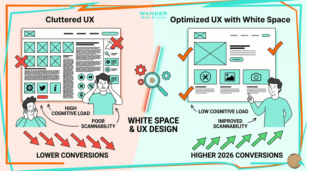 White Space is Not Empty Space. An infographic in orange and aqua. On the left, a frustrated user is overwhelmed by a crowded 'Cluttered UX' with many red 'X's and a downward red arrow. On the right, a smiling user stands by a clean 'Optimized UX with White Space', which has checkmarks and a powerful upward green arrow labeled 'Higher 2026 Conversions'.