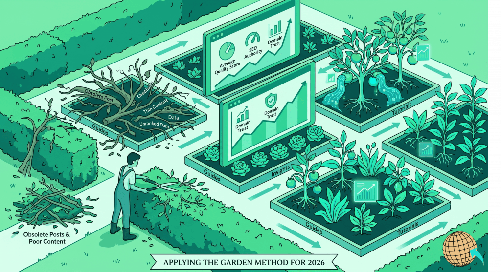 The Garden Method. A wide digital illustration for the Wander Web Studio blog in fresh greens and aquas, with no logo. A gardener (stylized person) is actively pruning an overgrown hedge, removing branches labeled with unreadable text like 'Obsolete Post', 'Thin Content', and 'Unranked Data'. The pruned debris pile is labeled 'Obsolete Posts & Poor Content'. The well-maintained garden features beds with organized healthy data plants and flowing fruit data streams. Large green and aqua data screens integrated into the garden show rising trend lines with icons for 'Average Quality Score', 'SEO Authority', and 'Domain Trust'. An elegant banner at the base of the image reads 'APPLYING THE GARDEN METHOD FOR 2026'.