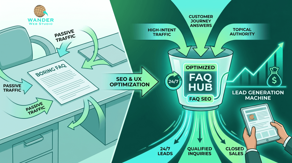 Lead Generation Machine: A wide digital banner illustration in a professional green and aqua palette. On the left, a plain, flat document labeled 'BORING FAQ' has aimless 'PASSIVE TRAFFIC' arrows. A central arrow labeled 'SEO & UX OPTIMIZATION' leads to the right. The right side features a dynamic 'conversion engine' funnel with glowing panels labeled 'OPTIMIZED FAQ HUB' and 'FAQ SEO'. A variety of strong, directed arrows labeled 'HIGH-INTENT TRAFFIC', 'CUSTOMER JOURNEY ANSWERS', and 'TOPICAL AUTHORITY' pour into the funnel. From the base, upward-flowing aqua and green data streams labeled '24/7 LEADS', 'QUALIFIED INQUIRIES', and 'CLOSED SALES' rise, alongside a rising graph labeled 'LEAD GENERATION MACHINE'.