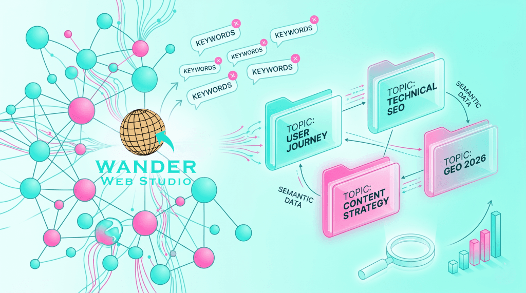 Topics Over Keywords: A vibrant aqua and pink digital illustration for Wander Web Studio. On the left, a network of connected nodes represents a central hub. In the middle, "keywords" tags are being moved aside to make way for structured "Topic" folders like User Journey, Technical SEO, and GEO 2026.