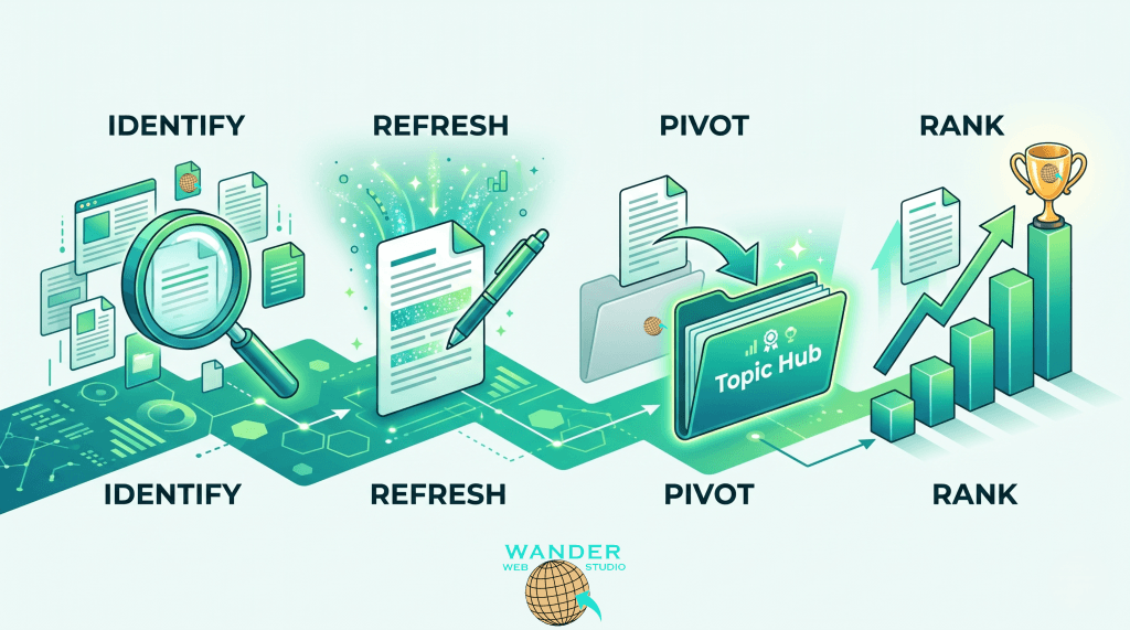 4-Step Guide to Auditing Your Blog. A four-stage horizontal infographic in shades of green for Wander Web Studio. Stages include a magnifying glass for "Identify," a pen updating a document for "Refresh," a file moving into a Topic Hub folder for "Pivot," and an upward-trending bar graph with a trophy for "Rank."