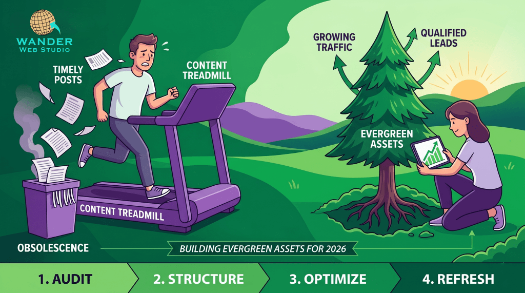 Stop the Content Treadmill. A wide digital banner illustration in a rich green and purple color palette. On the left, an exhausted person runs on a treadmill labeled 'CONTENT TREADMILL', shredding 'TIMELY POSTS' into 'OBSOLESCENCE'. A large central text banner reads 'BUILDING EVERGREEN ASSETS FOR 2026'. On the right, a calm person plants a stylized evergreen tree labeled 'EVERGREEN ASSETS', with rising arrows of 'GROWING TRAFFIC' and 'QUALIFIED LEADS'. Four green steps outline the strategy: AUDIT, STRUCTURE, OPTIMIZE, REFRESH.