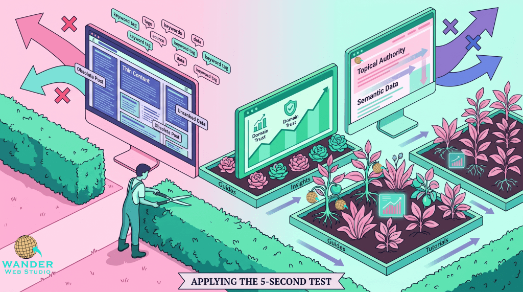 The 5-Second Test. A modern digital illustration for the Wander Web Studio blog, with no logo, using a fresh palette of pinks and aquas. On the left, a frustrated user is overwhelmed trying to quickly scan a cluttered website on a desktop monitor, which features multiple dense columns, difficult-to-read text blocks, and disorganized keyword tags. Stylized pink and aqua red 'X's and large conceptual arrows point away from the site. This contrasts with the right side, which shows a calm, focused user looking at a second desktop monitor. The second design explicitly emphasizes a scannable, structured layout with clear, hierarchical heading labels like 'Topical Authority' and 'Semantic Data'. The distressed user is now depicted as calm and focused, easily scanning the content. Integrated into the interface are rising trend line graphs displaying 'Domain Trust'. Healthy, flourishing pink and aqua data plants are organized into structured garden beds labeled 'Guides', 'Insights', and 'Tutorials'. The entire composition visualizes strategic UX/UI design principles for immediate user understanding.