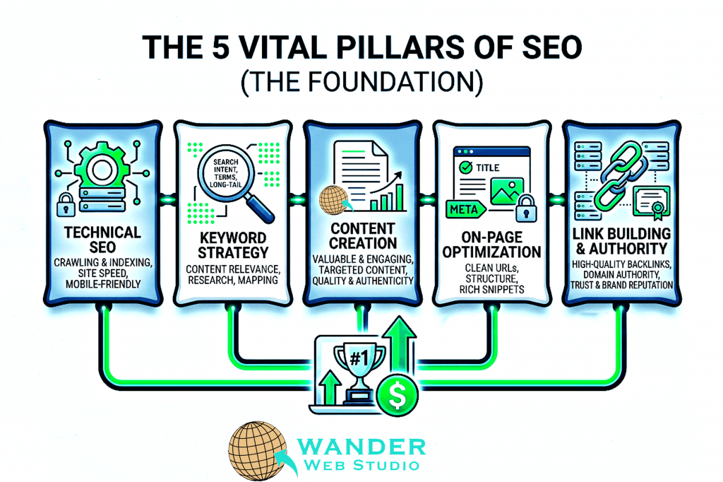 SEO (The Foundation): 5 Vital Pillars of a High-Converting Digital Presence: Infographic illustrating the five pillars of SEO: Technical SEO, Keyword Strategy, Content Creation, On-Page Optimization, and Link Building & Authority, showing how they work together to build a high-converting digital presence.