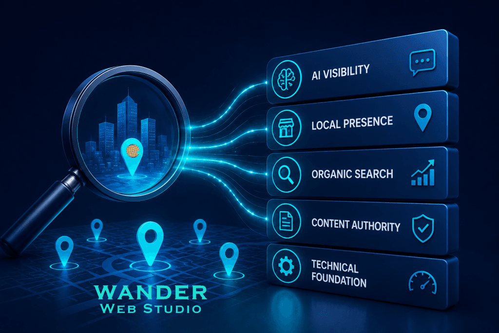 Web Visibility: 5 Critical Pillars to Expand Your Digital Footprint in 2026. Illustration of the five pillars of web visibility in 2026: AI Visibility, Local Presence, Organic Search, Content Authority, and Technical Foundation, connected to a digital city map representing online discoverability.