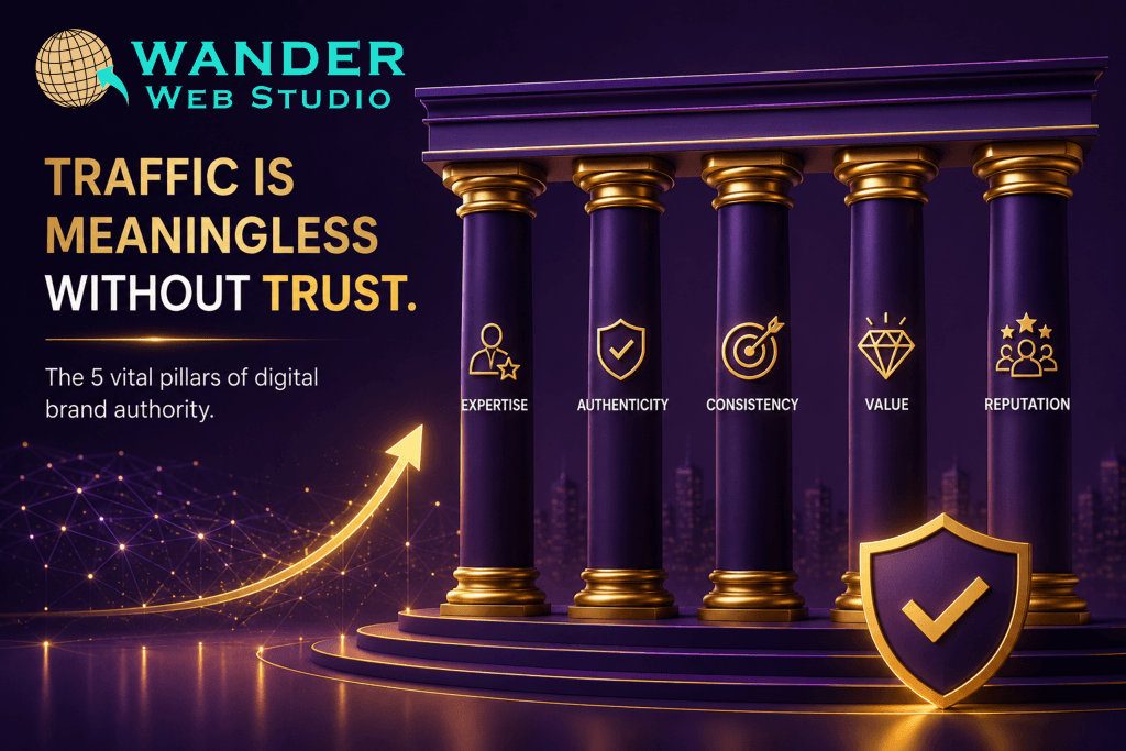 Authority (The Trust): 5 Vital Pillars to Establish Undeniable Digital Credibility. Illustration of the five pillars of digital authority—Expertise, Authenticity, Consistency, Value, and Reputation—depicted as classical pillars supporting long-term trust and online credibility.