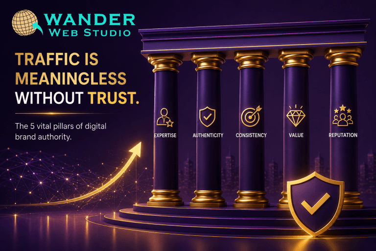 Authority (The Trust): 5 Vital Pillars to Establish Undeniable Digital Credibility. Illustration of the five pillars of digital authority—Expertise, Authenticity, Consistency, Value, and Reputation—depicted as classical pillars supporting long-term trust and online credibility.