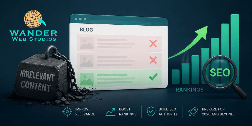 Stop Hosting Dead Weight. A professional digital banner for Wander Web Studios showing a website interface. On the left, a heavy stone weight labeled "Irrelevant Content" is chained to the site. On the right, a green arrow and bar graph show rising rankings under a magnifying glass labeled SEO.