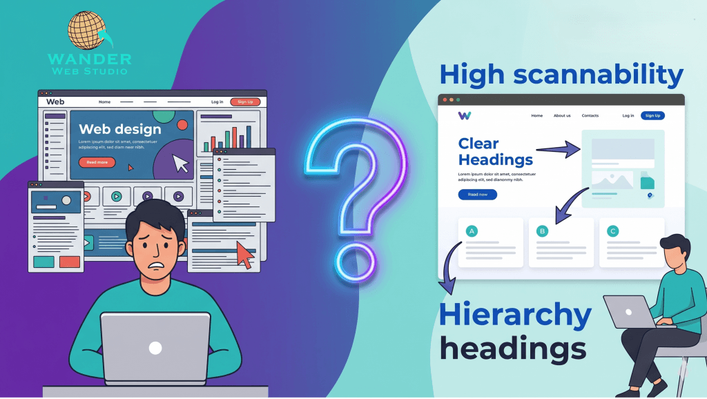 Why Nobody is Reading Your Website. An infographic contrasting two website designs in blue and purple tones. On the left, a frustrated user is overwhelmed by chaotic pop-ups and dense text. A glowing question mark leads to the right, showing a calm user scanning a structured layout with "Clear Headings" and "Hierarchy headings," labeled "High scannability."