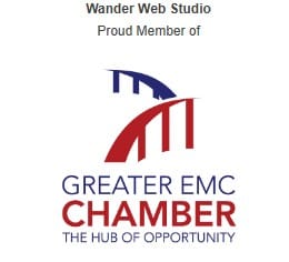 Greater EMC Chamber proud member badge for Wander Web Studio, featuring a blue and red bridge graphic with the text "GREATER EMC CHAMBER THE HUB OF OPPORTUNITY."