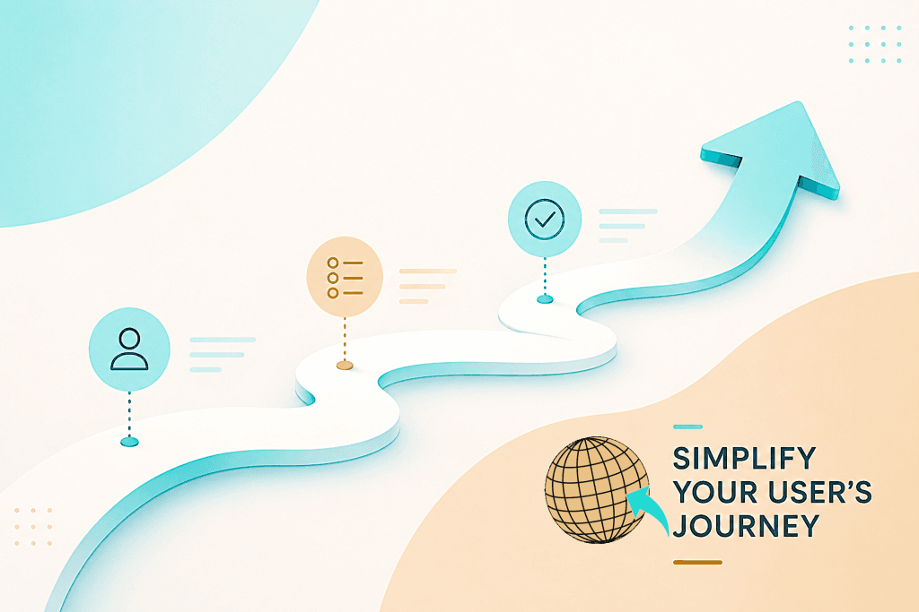3 Ways to Simplify Your User Journey: A minimalist 3D conceptual infographic on a light blue and peach gradient background. A sinuous teal-colored arrow, pointing upwards and to the right, creates a winding path. There are three key distinct milestone points on this roadmap, each marked with a different icon and descriptive lines. The first milestone, in the bottom left, has a minimalist light blue icon of a single-person profile. Moving along the curve, the second milestone is a circular, orange-peach-colored point with a list icon (bullet points and lines). Further along the path is the third milestone, a larger light blue circular point with a white checkmark icon inside. To the right of each icon are lines of text placeholders. A stylized wireframe globe with a prominent aqua-teal arrow icon and the text "SIMPLIFY YOUR USER’S JOURNEY" is in the bottom right corner.