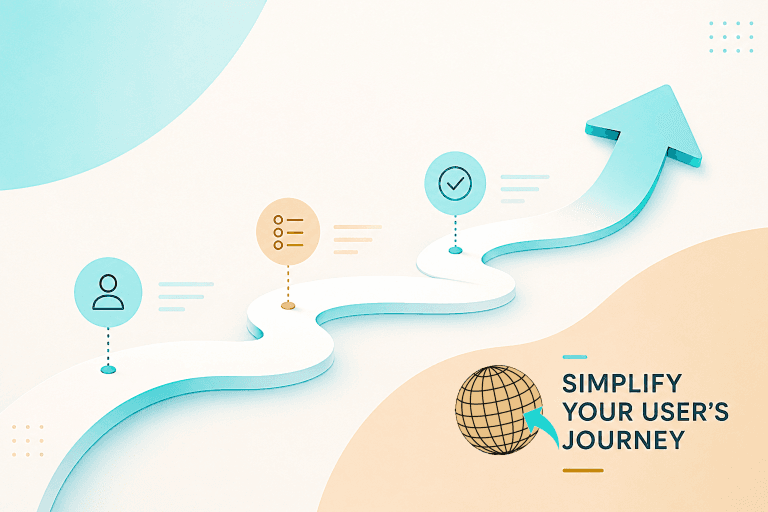 3 Ways to Simplify Your User Journey: A minimalist 3D conceptual infographic on a light blue and peach gradient background. A sinuous teal-colored arrow, pointing upwards and to the right, creates a winding path. There are three key distinct milestone points on this roadmap, each marked with a different icon and descriptive lines. The first milestone, in the bottom left, has a minimalist light blue icon of a single-person profile. Moving along the curve, the second milestone is a circular, orange-peach-colored point with a list icon (bullet points and lines). Further along the path is the third milestone, a larger light blue circular point with a white checkmark icon inside. To the right of each icon are lines of text placeholders. A stylized wireframe globe with a prominent aqua-teal arrow icon and the text "SIMPLIFY YOUR USER’S JOURNEY" is in the bottom right corner.