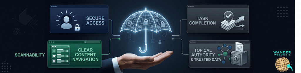 Midnight Aesthetic: How to Design a Luxury Dark Mode Site. A panoramic digital marketing graphic set against a dark premium luxury background. In the center, a businessman's open hand supports a floating, glowing neon blue wireframe umbrella embedded with miniature security padlock icons. Branching out from the central umbrella are four sleek, dark-themed user interface cards representing website features. The top-left card shows a user profile icon with the text "SECURE ACCESS". The bottom-left dark green card illustrates an interface layout with toggles and the text "CLEAR CONTENT NAVIGATION". The top-right card shows a checked document stack with an upward arrow and the text "TASK COMPLETION". The bottom-right card features a node graph connecting to a locked safe under the text "TOPICAL AUTHORITY & TRUSTED DATA". The word "SCANNABILITY" appears in green text on the far left, and the Wander Web Studio globe logo is placed in the bottom right corner.