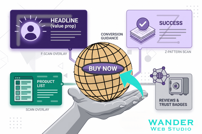 Stop Hiding Your Buy Button. A digital marketing graphic on a white background detailing website conversion hierarchy. In the center, an illustrated open gray hand holds a large wireframe globe icon with a bright aqua-teal arrow curving upward toward a purple oval "BUY NOW" button layered on top. Surrounding this centerpiece are four distinct, stylized feature cards linked by thin lines. The top-left dark purple card features a user icon under the text "HEADLINE (value prop)" labeled "F-SCAN OVERLAY". The bottom-left dark green card shows an interface mockup labeled "SCAN OVERLAY". The top-right light purple card displays a checked document stack labeled "Z-PATTERN SCAN". The bottom-right gray card shows a secure safe under the label "REVIEWS & TRUST BADGES". The Wander Web Studio logo text is positioned in the bottom right corner.
