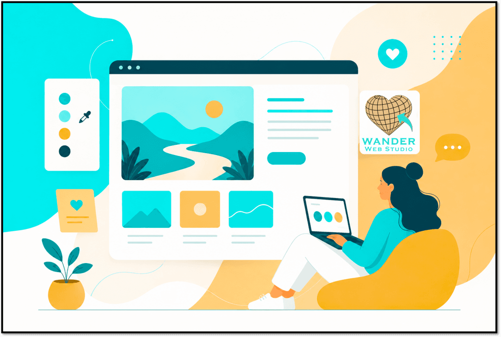 Beyond Pixels: Building a Website That Feels Like You. A colorful flat vector illustration displaying a modern web design workspace. On the right, a woman with dark hair tied in a bun sits comfortably in a yellow beanbag chair, working on a laptop. In front of her is a large mockup of a desktop web browser window showcasing a minimalist landscape image of mountains and a winding path under a yellow sun, alongside text blocks and a button. Below the main image are three smaller gallery thumbnail cards. Floating around the browser are design elements: a color palette tool with a dropper icon on the left, a small plant in a yellow pot, and a yellow heart icon card. The Wander Web Studio logo—featuring a heart-shaped wireframe globe with an aqua arrow—is displayed in a square tile on the right side. The background uses organic abstract shapes in vibrant teal, aqua, cream, and soft orange hues.
