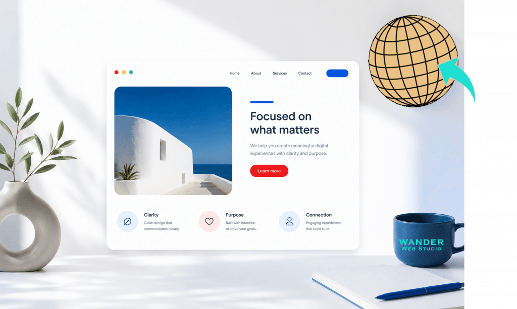 White Space is Not Empty Space: The Power of Breathing Room. A realistic digital mockup of a modern, clean website homepage displayed on a white wall workspace background. On the left sits a light beige circular ceramic vase with a green leafy branch, casting soft sunlight shadows. On the right, a navy blue coffee mug features the teal text "WANDER WEB STUDIO" alongside an open notebook and a blue pen. The website mockup features a navigation bar with links for Home, About, Services, and Contact. The hero section displays a striking photo of minimalist white Mediterranean architecture against a vibrant blue sea and sky on the left. The right side features the headline "Focused on what matters," a short paragraph, and a bright red "Learn more" button. Below the hero section are three feature columns with small icons labeled "Clarity," "Purpose," and "Connection." A large, stylized wireframe globe logo with a teal arrow is superimposed in the top right corner against the wall.