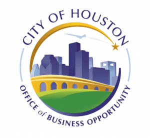 Circular logo seal for the City of Houston Office of Business Opportunity featuring the blue Houston skyline, a yellow arched bridge, green hills, and a shooting star with a jet trail.