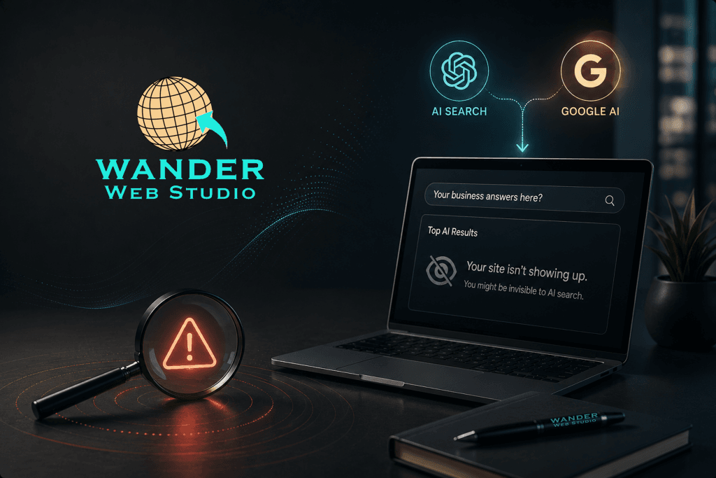 AI search optimization illustration featuring a modern website dashboard that fails to appear in AI search results, with ChatGPT and Google AI icons, a warning symbol, and a laptop representing website visibility, semantic SEO, and AI-powered search optimization.