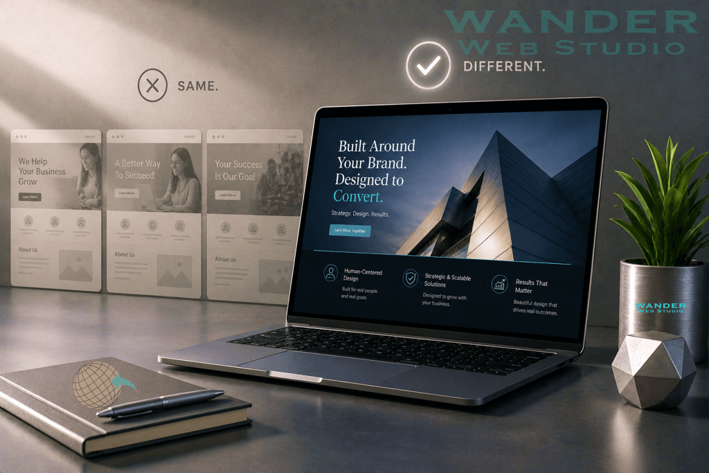 Custom web design comparison showing generic AI-generated website templates contrasted with a unique, professionally designed website on a laptop, illustrating how original branding and strategic design create a stronger customer experience and improve conversions.