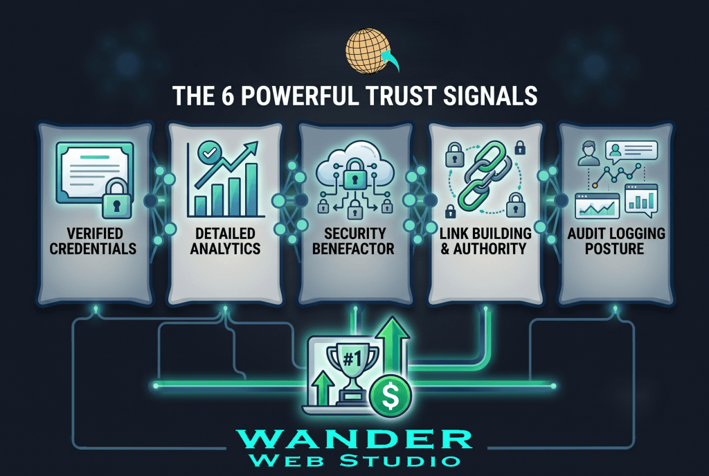 Website trust signals infographic highlighting six key credibility factors including verified credentials, detailed analytics, security, link authority, audit logging, and performance metrics that help businesses build trust with both human visitors and AI search engines.