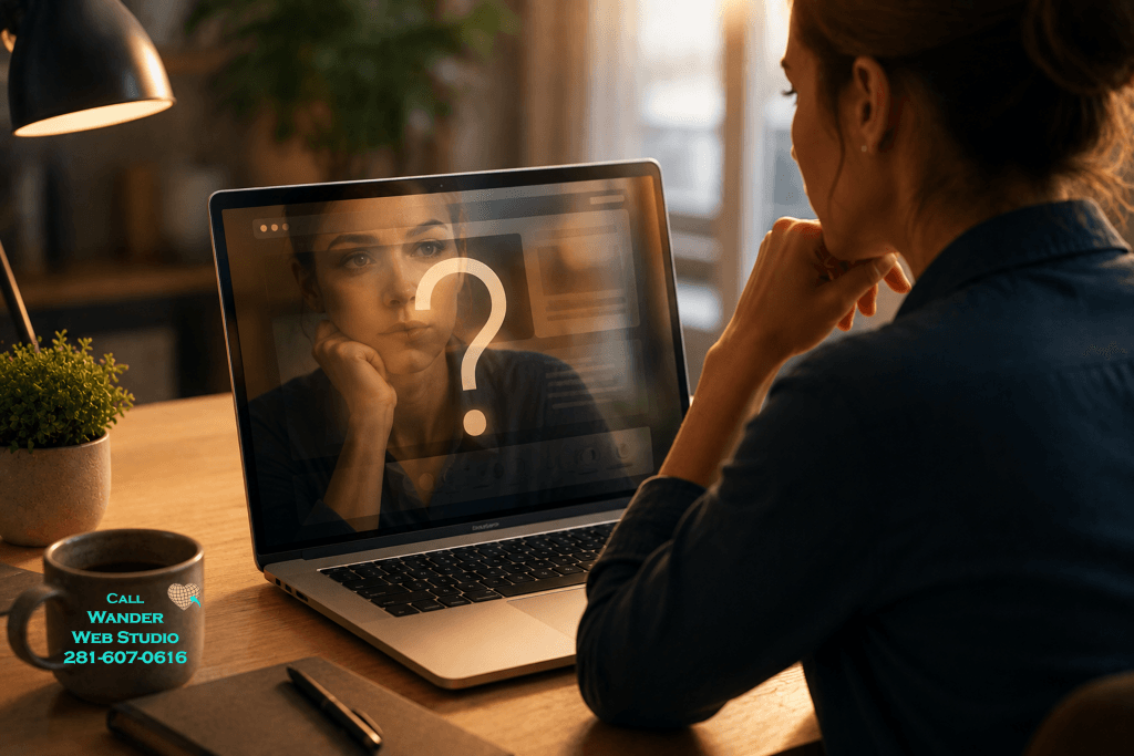 Website self-evaluation concept showing a thoughtful business owner looking at her laptop screen reflecting a large question mark over a website wireframe by Wander Web Studio.