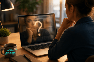 Website self-evaluation concept showing a thoughtful business owner looking at her laptop screen reflecting a large question mark over a website wireframe by Wander Web Studio.