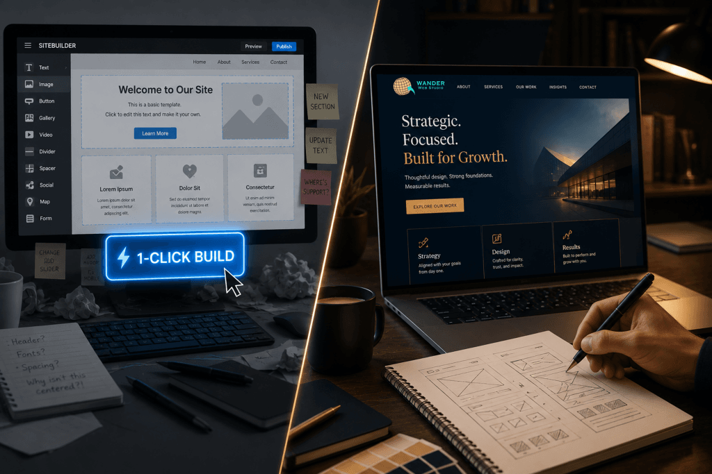 Hire a web developer comparison graphic contrasting a frustrating DIY template builder with a bespoke, strategic website created with wireframes and custom code by Wander Web Studio.