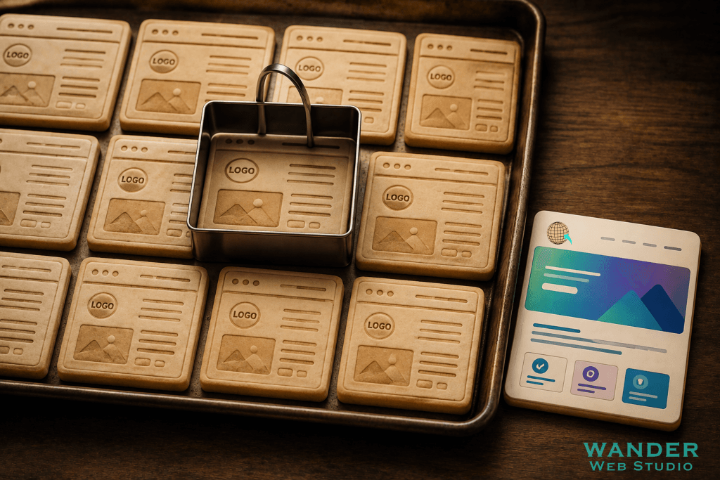 DIY website templates visual showing a baking tray of identical cookie-cutter website wireframes next to a vibrant, custom-designed card by Wander Web Studio.