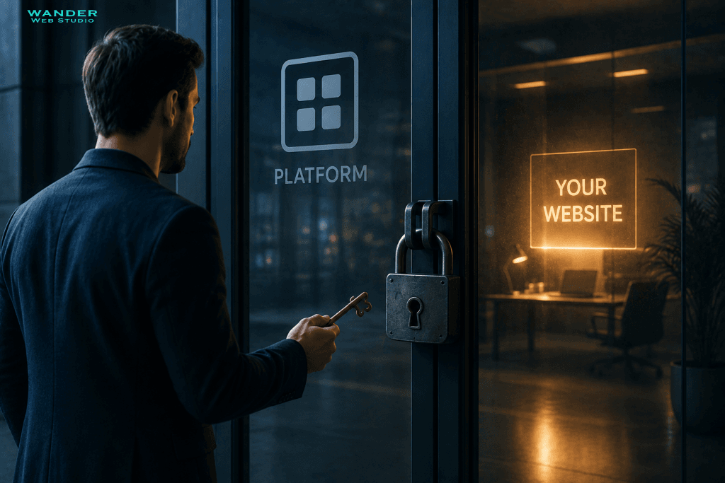 Website vendor lock-in concept showing a business owner locked out of his glowing office website by a proprietary platform padlock by Wander Web Studio.