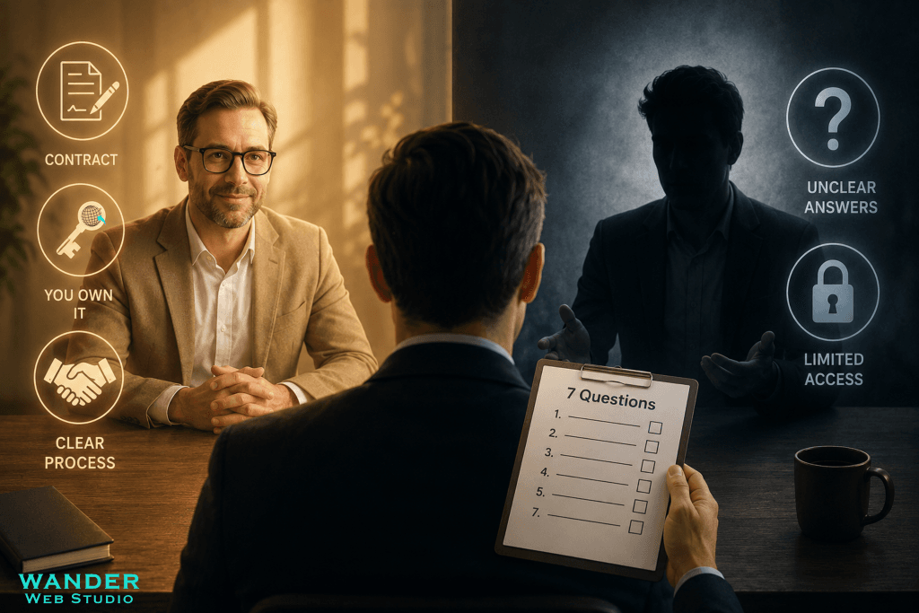 How to hire a web developer checklist comparison showing a client interviewing a trustworthy developer versus a shadowy candidate with red flags by Wander Web Studio.