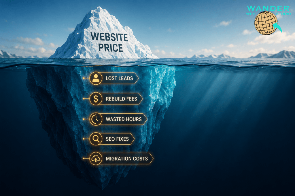 Cost of a cheap website iceberg infographic showing upfront website price above water and hidden expenses like lost leads, rebuild fees, and migration costs beneath by Wander Web Studio.