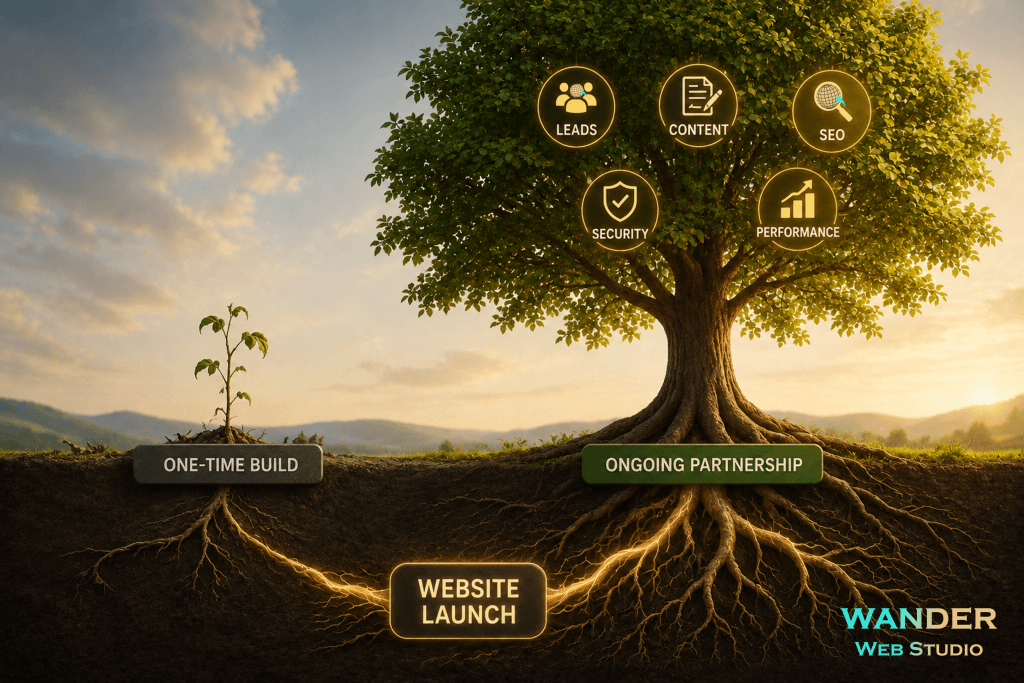 Website growth partner concept comparing a small one-time build seedling to a thriving, full-grown tree nurtured by an ongoing partnership by Wander Web Studio.