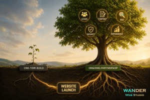 Website growth partner concept comparing a small one-time build seedling to a thriving, full-grown tree nurtured by an ongoing partnership by Wander Web Studio.