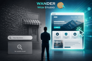 No web presence comparison graphic showing a business owner standing between a faded, non-searchable storefront and a glowing, modern website layout by Wander Web Studio.