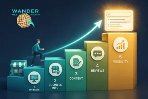 Building a web presence 3D infographic showing a business owner climbing five steps—Website, Business Info, Content, Reviews, and Visibility—toward a glowing search result by Wander Web Studio.