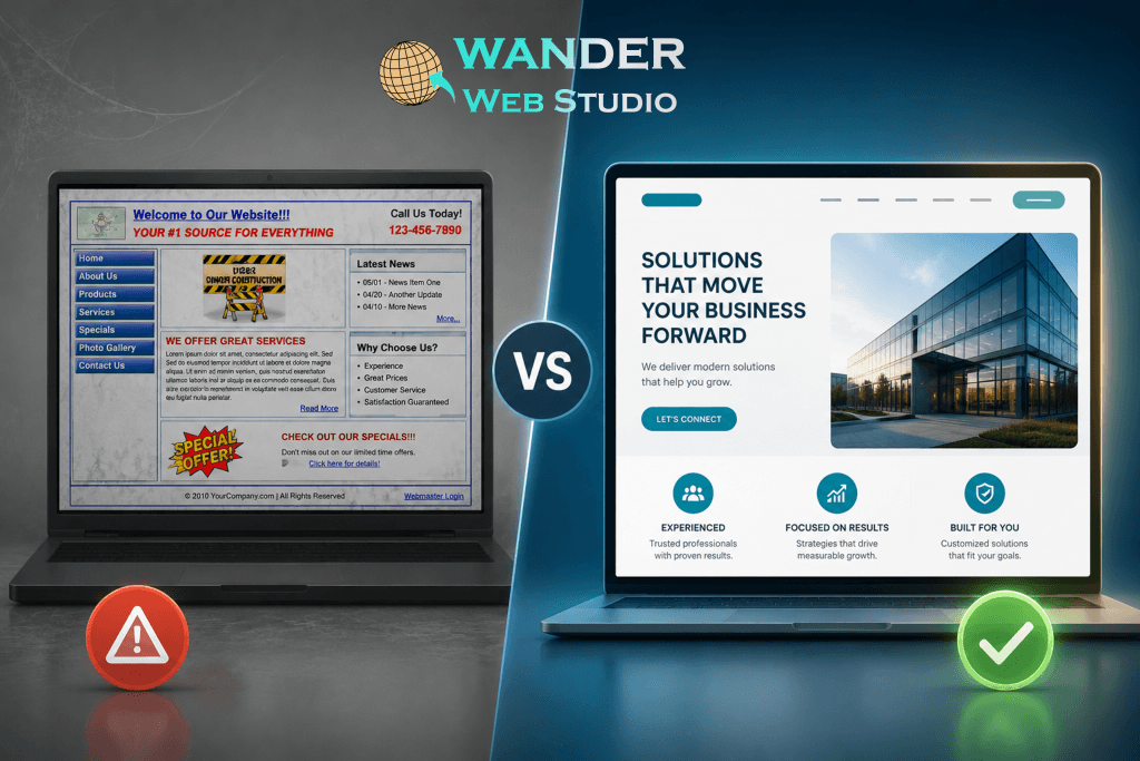 Outdated website design side-by-side comparison showing a cluttered 2000s-era website on a dim laptop next to a sleek, modern, high-converting business website layout by Wander Web Studio.