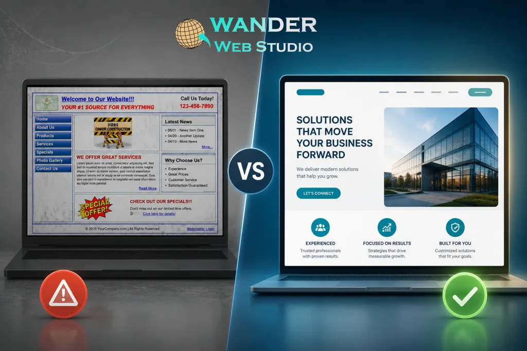 Outdated website design side-by-side comparison showing a cluttered 2000s-era website on a dim laptop next to a sleek, modern, high-converting business website layout by Wander Web Studio.