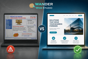 Outdated website design side-by-side comparison showing a cluttered 2000s-era website on a dim laptop next to a sleek, modern, high-converting business website layout by Wander Web Studio.