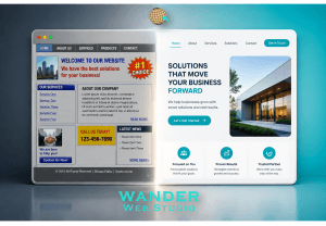 Modern website design split-screen mockup comparing a cluttered, outdated 2010 webpage with a clean, responsive layout by Wander Web Studio.