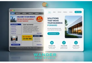 Modern website design split-screen mockup comparing a cluttered, outdated 2010 webpage with a clean, responsive layout by Wander Web Studio.