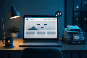 Website working for you concept graphic showing a laptop displaying a sleeping website wireframe at night alongside an overflowing inbox of new leads by Wander Web Studio.