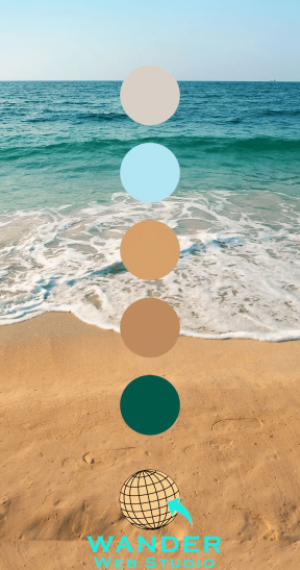 A vertical marketing graphic for Wander Web Studio featuring a serene beach background with five circular color swatches ranging from sand-tan to deep ocean-teal, with the company logo at the bottom.