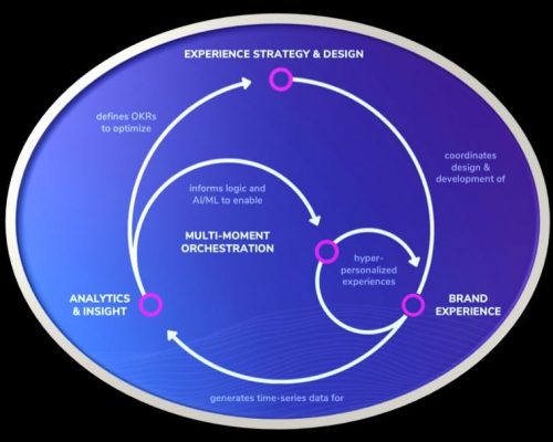 Web design. A professional circular strategy diagram for Wander Web Studio illustrating the cycle of Experience Strategy, Brand Experience, and Analytics & Insight.