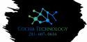 Cocha Technology branding featuring a gradient network node icon and serif text on a black textured paint-stroke background.