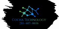 Cocha Technology branding featuring a gradient network node icon and serif text on a black textured paint-stroke background.